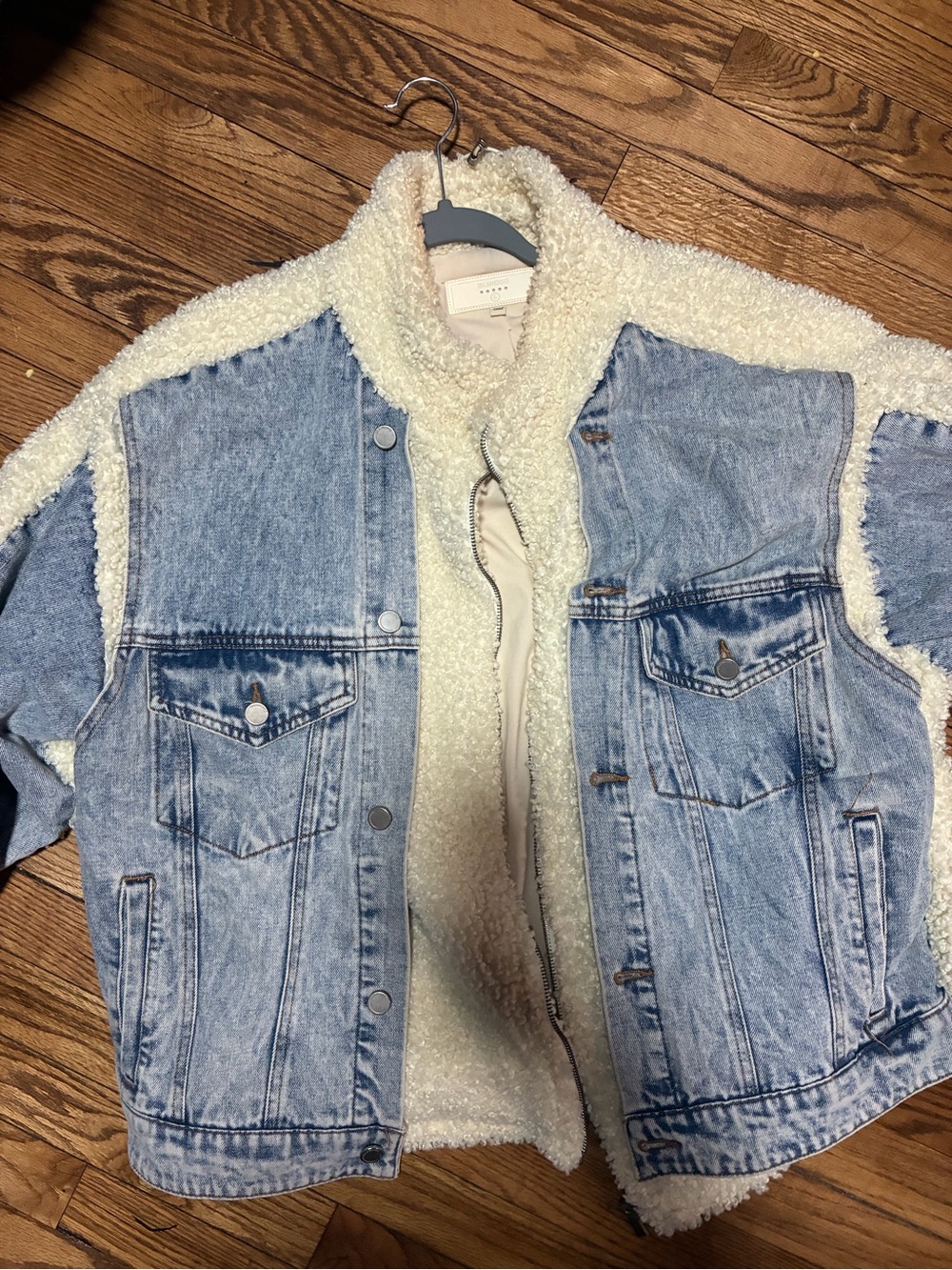 Blank NYC Light Blue Denim Jacket with Cream Sherpa Trim